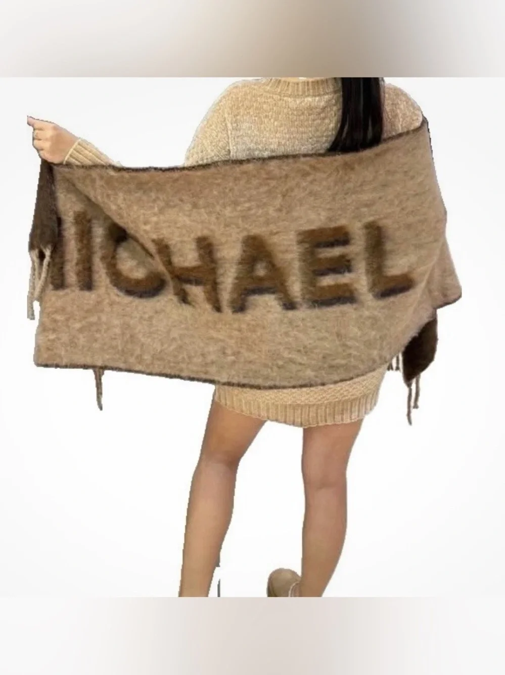 Michael Kors Oversized Logo Knit Fringe Wrap Scarf NWT brown tan soft